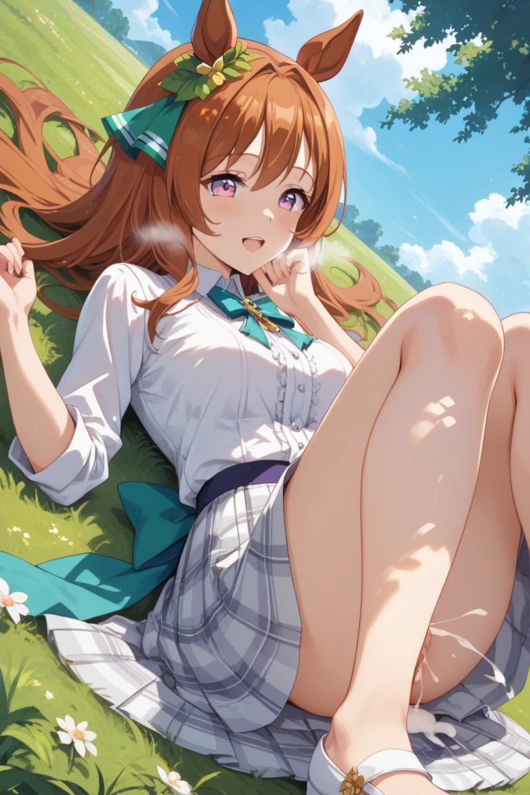 fluffy red hair,Bangs center parting,pale yellow-green eyes,Brown and white and yellow and orange and purple,Long-sleeved clothing with slightly longer sleeves,Larger hoodie,wearing skirt,Full of chrysanthemum flowers,You can see the windmill beyond the vast flower field,Leaning to the right,Smiling with a bouquet of chrysanthemums,full of sunlight,White clouds in blue sky,butterflys,a bird,a squirrel,bunny rabbit,red tide