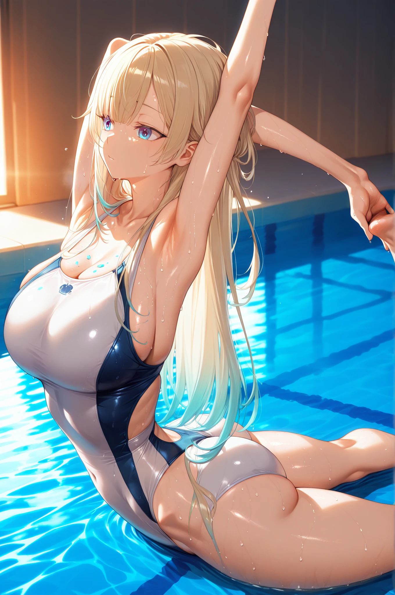 (((masterpiece))), (((best quality))), ((ultra-detailed)), (illustration), ((an extremely delicate and beautiful)), ((super detail)), ((high resolution)), (((nsfw))), ((cybernetic)), (futuristic), (seductive), (((erotic))), (((20 years old))), (pussy juice), camel toe, (((ultra-huge breasts))), (maid), (android), delicate metal decorations, gleaming skin, shiny body, two legs, ((female masturbation)), breast focus, ((tall)), slender legs, ((big round eyes)), cute eyes, drooping eyes, biopunk, ((adult)), in stasis tank, two hands, in suspicious broken laboratory, ((open legs)), five fingers, no extra hands, seductive smile, single side braid, shoulder length hair, ((slender)), (metallic transparent slime leotard), lying, spread legs, hair shorter than waist, (arms behind head), soaking wet,