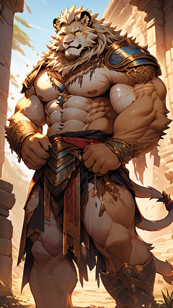 (masterpiece),(highres),(intricate details:1.4),extremely detailed,(illustration:1.2),8k,photorealistic,exquisite,(a great war:1.6),aged,elder male lion ,muscular,(warrior :1.7),(Ancient Greek mythological style;1.8),manhood,long hair,long white beard,scar,(badly damaged),(sacrifice),hurt,broken body ,(bulging crotch:1.8),(homosexual),(naked upper body:1.7),(a serene face:1.9)