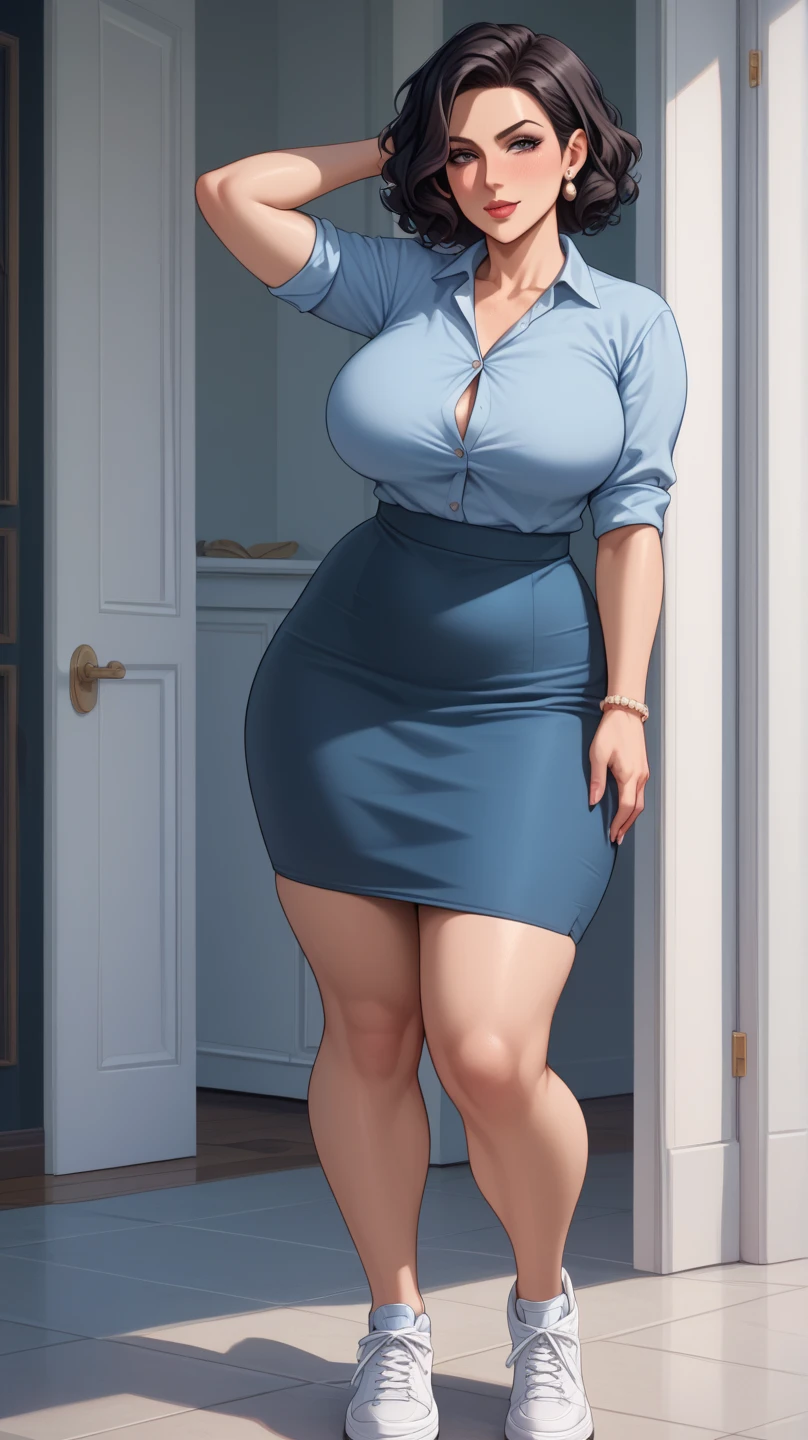 Raised sexy,short skirt,highr,thicc,mature woman, large boobs,slim waiste, big thighs, Vest line, exposed cleavage,jk,with a good figure
