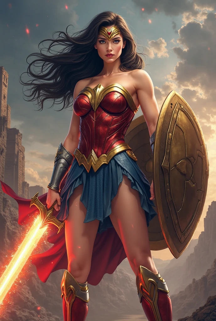 Generate a masterpiece in the best quality, achieving a photorealistic and cinematic appearance with ultra-detailed features, rendered in 8k resolution. The composition should be a wide shot, capturing Wonder Woman's full body in a dynamic and powerful pose.

The central figure is Wonder Woman. She wears a meticulously designed attire that reflects her iconic warrior image. The bodice is snug and durable, colored in deep red with intricate gold accents. The gold accents form a prominent "W" on her chest, symbolizing her title and identity.

Her outfit includes a blue skirt that reaches mid-thigh, engineered for optimal movement and practicality in battle. The skirt boasts gold trim and layered details, achieving both elegance and functionality on the battlefield.

Accentuating her fierce appearance, Wonder Woman dons gold bracelets that possess the ability to deflect attacks. These gauntlets, also gold, provide protection for her forearms and contribute to her warrior aesthetic.

On her feet, she wears golden sandals with ankle and calf straps. These sandals are designed for comfort and shock absorption, while intricate Amazonian patterns are engraved into the gold, marrying style with utility.

Perched above her eyes is a gold tiara adorned with a star-shaped emblem. This tiara is a representation of hope and her royal standing, further emphasizing her strength and guidance