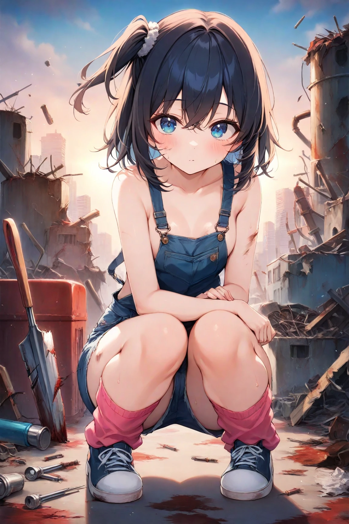 (masterpiece:1.2), (highest quality:1.2), Perfect Eyes, Perfect Face, Perfect lighting, middle ages, middle ages, battlefield, rubble, 1boy, Black Hair, white eye, blunt bangs, short hair , Ahoge, ((((nude)))) , open mouth, (scared:1.2), ((smile)), front, Small breasts, (messy hair), spread legs, arms behind head, sweat, ((((disdain)))), ((grin))
