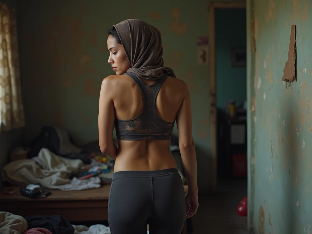 RAW photo,dark,moody,hazy atmosphere,35mm focal lenght,underexposed,cold,candid photograph,artistic,full body,photo of a beautiful,influencer,30yo Kurdish woman,hijab,detailed skin,naked, looking at viewer, thick body structure,grey background,no background, candid pose,dim room,blue light, film grain, kodak color, instagram LUT