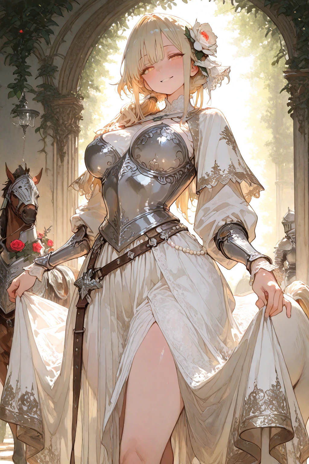 Very beautiful woman、Slender women、(Detailed face)、Realistic Skin、((Holy Knight)), ((Armor made of gold))、((((A black armor with extremely detailed and intricate decoration.:1.1))))、((Delicate photo))，(Girl Astepeace RAW Photo Details:1.25), (Highest quality:1.6), (Ultra-high resolution:1.5), (Realistic:1.75), 8K resolution, Canon EOS R5, 50mm, Absurd, Super detailed,Cinema Lighting,((Fightfield))、((Fight))、(((White embellished micro skirt)))、Lace patterned high leg panties:1.2,Thigh-high socks、Shingard、((blonde))、((Curly Hair))、((Drill Hair))、((Wavy long hair,))、Cape、Beautiful Armor、(((Has a huge weapon)))、(In combat)、The wind is blowing、((Symmetrical armor))、((((Blizzard))))、(((Lead a large group of knights:1.2)))、banner、(((Battle Scenes)))、((Browsing Caution:1.2))、(((I can see her panties:1.4)))、、((Skirt lift in the wind:1.4))