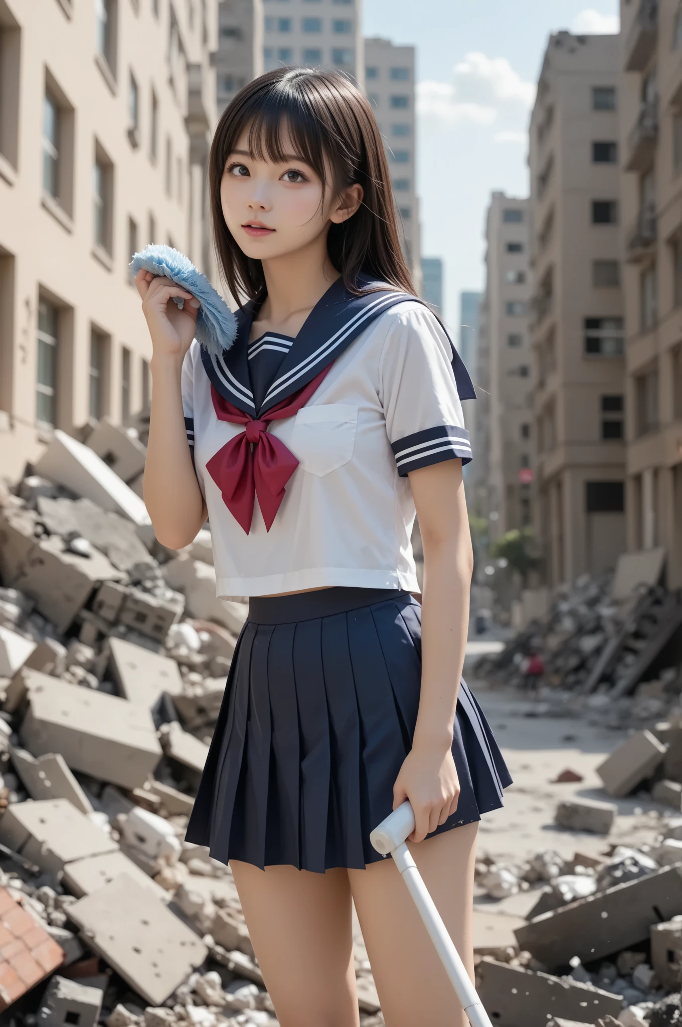 masterpiece, highly detailed, high resolution, 1girl, gtscity, tokyo, stomping on buildings, destroying buildings, collapsed buildings, destroyed city, buildings on fire, buildings exploding, smoke coming out of buildings, smiling, looking fun, small city, little people, photorealistic, cute Japan girl, medium breasts, uniform, sailor suit, dynamic angle, from the bottom
