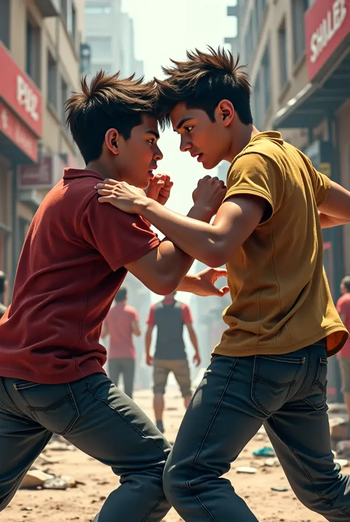 Two 13-year-old boys punching each other in the face
