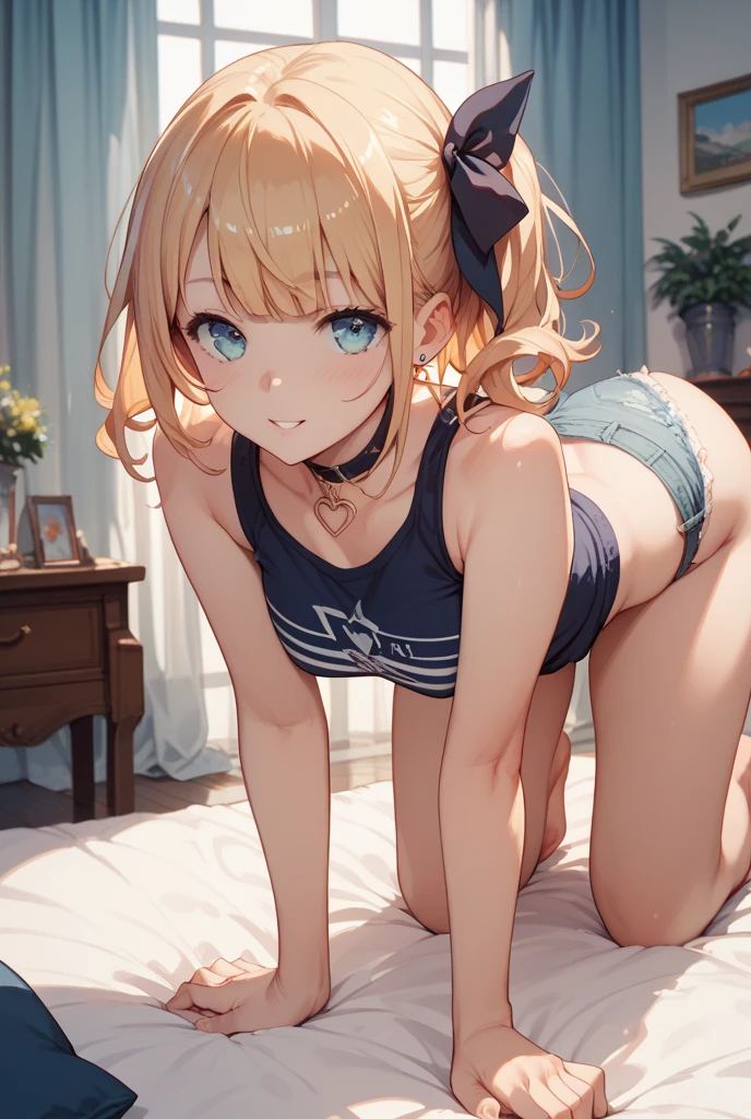 (masterpiece), best quality, expressive eyes, perfect face, middle size breast, Livingroom, sofa, absurdness, high res, ultrasharp, 8K, masterpiece, looking at viewer sexually, best quality, expressive eyes, perfect face, full body, from behind, A high school girl with long blond hair and pink eyes, wearing a thong bikini, is kneeling on the ground with her upper body lying on the sofa. Her hips are raised, and her waist is curved downwards.