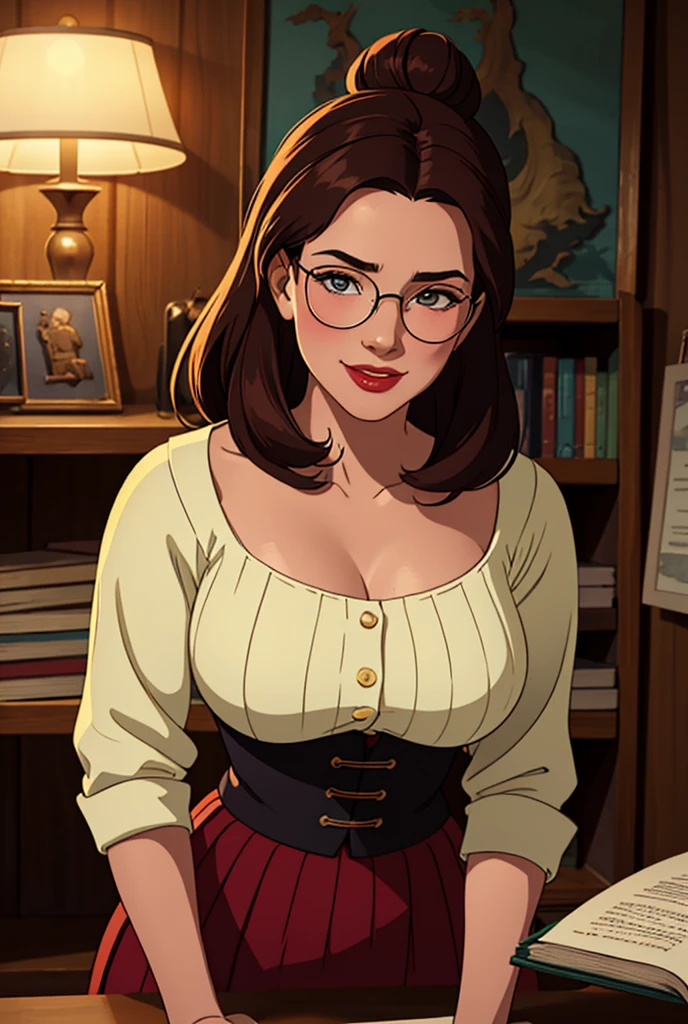 cinematic film still of  <lora:belle91 v1:0.8>
Digital style, belle91 a cartoon school teacher style nerd glasses woman in a white shirt and black skirt and glasses, perfect image, perfect body, perfect anatomy, sharp image, detailed image, high quality photography, dramatic light style, cinematic background, cinematic contrast, cinematic saturation, cinematic film photography style, belle91 style, solo, long hair, breasts, looking at viewer, smile, shirt, large breasts, skirt, brown hair, cleavage, medium breasts, brown eyes, standing, white shirt, ponytail, cowboy shot, sky, pussy, glasses, indoors, black skirt, miniskirt, lips, hand on own hip, book, window, uncensored, buttons, makeup, night, no bra, no panties, ass visible through thighs, moon, curtains, lipstick, star (sky), night sky, starry sky, pencil skirt, black-framed eyewear, mature female, bookshelf, crescent moon, bow, hair bow, blue bow, covered nipples, nude pussy, shallow depth of field, vignette, highly detailed, high budget, bokeh, cinemascope, moody, epic, gorgeous, film grain, grainy