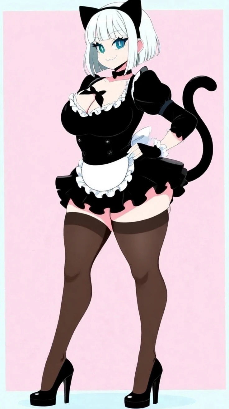 full body standing straight symmetrical, lustful smirking smile face red blush red cheeks, looking at viewer, holding tray, braid, maid headdress, maid, dress, apron, long sleeves, brown pantyhose, long leather militar boots, thighs, long white hair, masterpiece
