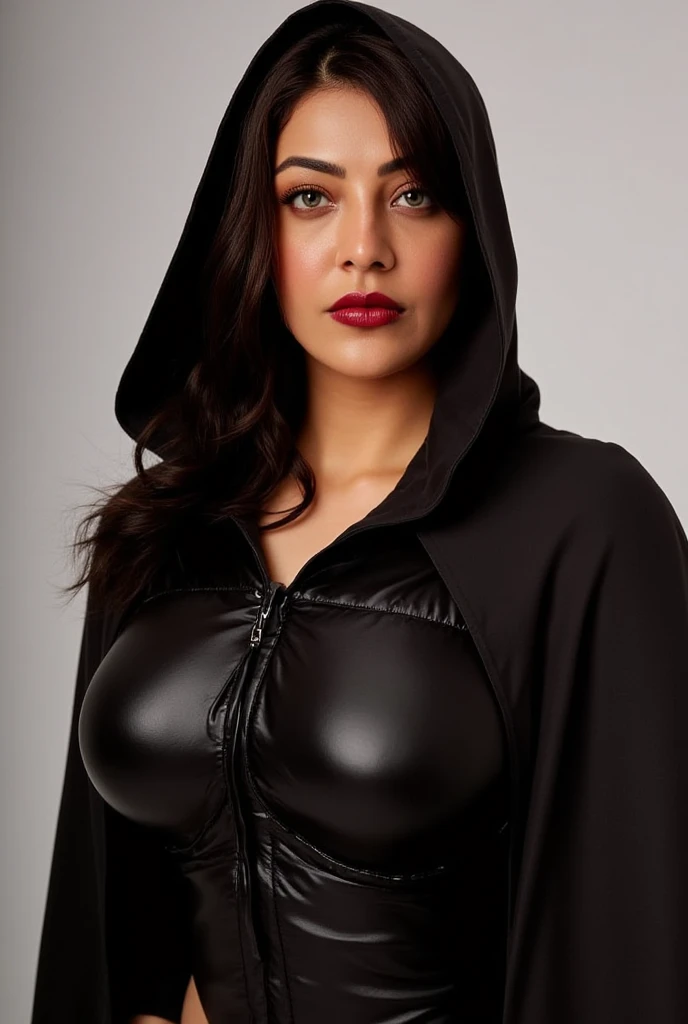 betty page smiling looking wona 45 yeasr old with and blue eyes and a large black cloak over a black leather coat soft black gloves and a skirt on the endge of a montain and the photo is taken from up front flirting with the camera, she want to make love, she is pissing on the floor for a joke