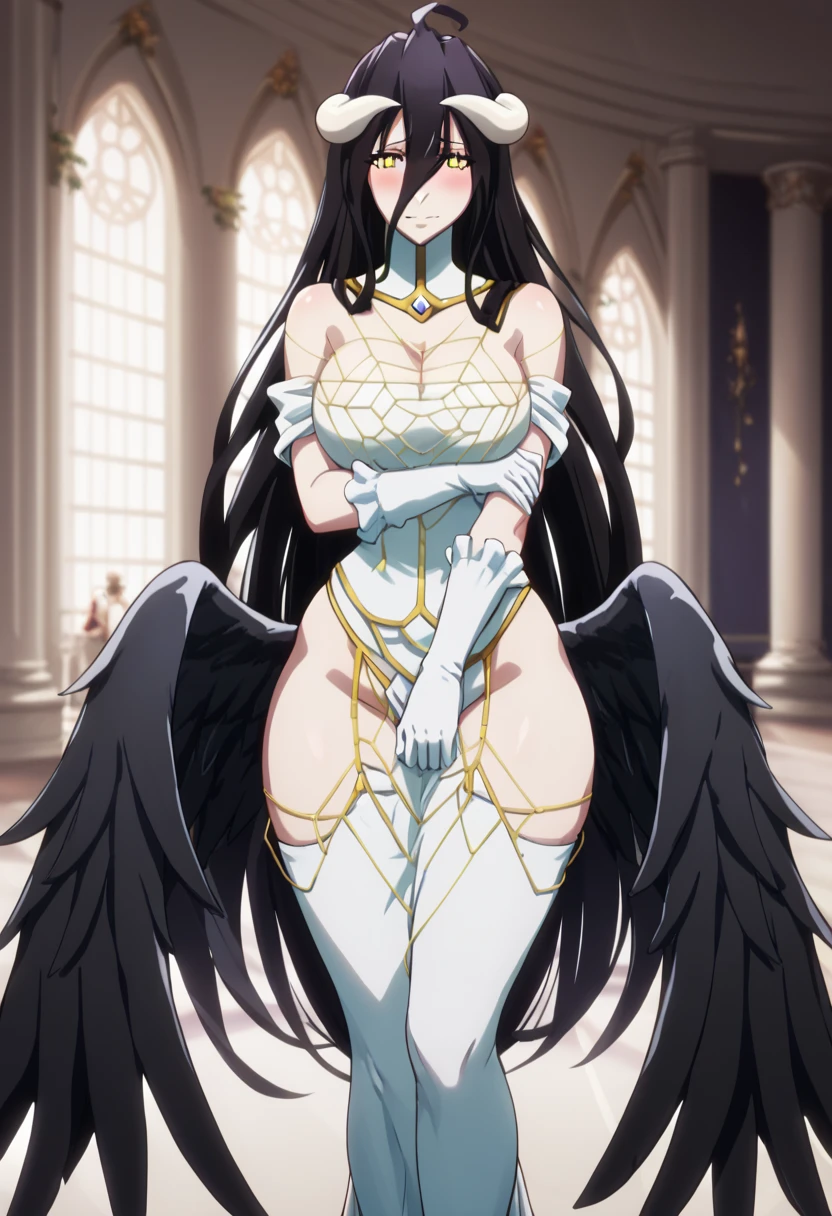 albedow, albedowings, medium breasts, long black hair, yellow eyes, white dress, white elbow gloves, looking at viewer, evil smile, parted lips, cowbot shot, indoors, marble floor,(big breasts: 1.4),(thick thighs: 1.3),(nude)