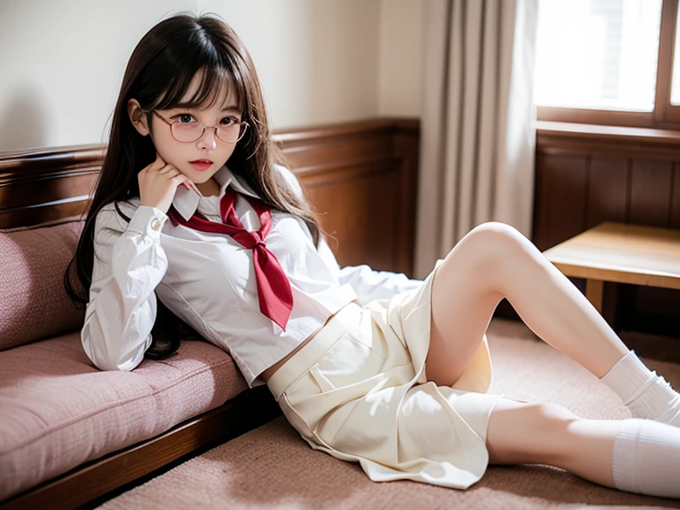 wears glasses,short skirt,Leaking panties,white stockings,Raised sexy,Bigchest