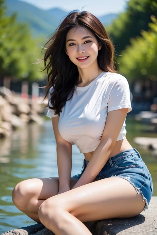 ((((top-quality))))、(((Ultra Precision CG16K Wallpapers)))、(((masterpiece)))、(((ultra-detailliert)))、(((Ultra-extreme details)))、1Man Woman、a matural female、An 18-year-old woman、((Japanese face))、((extremely beautiful face))、((sasaki nozomi:1.5))、((Wave Perm、semi long hair:1.3))、(shinny hair)、Bangs up to the eyebrows、Beautiful brown hair、Beautiful delicate eyes、Brown eyes、raised eyebrows、lofty nose、small nostrils、small mouth、seductive lips、slightly open mouth、Beautiful breasts、C-cup size breasts、cleavage of the breast、Plump body、perfectly proportions、perfect anatomia、perfect-composition、beautiful detailed shading、Beautiful natural lighting、Beautiful detail glow、depth of fields、(((a high chroma)))、(((realisitic:1.9)))、((Vivid:1.4))、((Beautiful skin))、((Skin texture))、((Realistic skin feeling))、(((Head-to-thigh shot:1.5)))、((Frontal angle:1.5))、((a smile:1.4))、(Eyes looking at me)、Bright sunshine、(((Walking in the park:1.3)))、(Blur the background)、(((T-shirt with horizontal stripes、Denim fabric shorts wearing:1.5)))、((Wearing a necklace))、((2 arms、2 legs:1.2))、