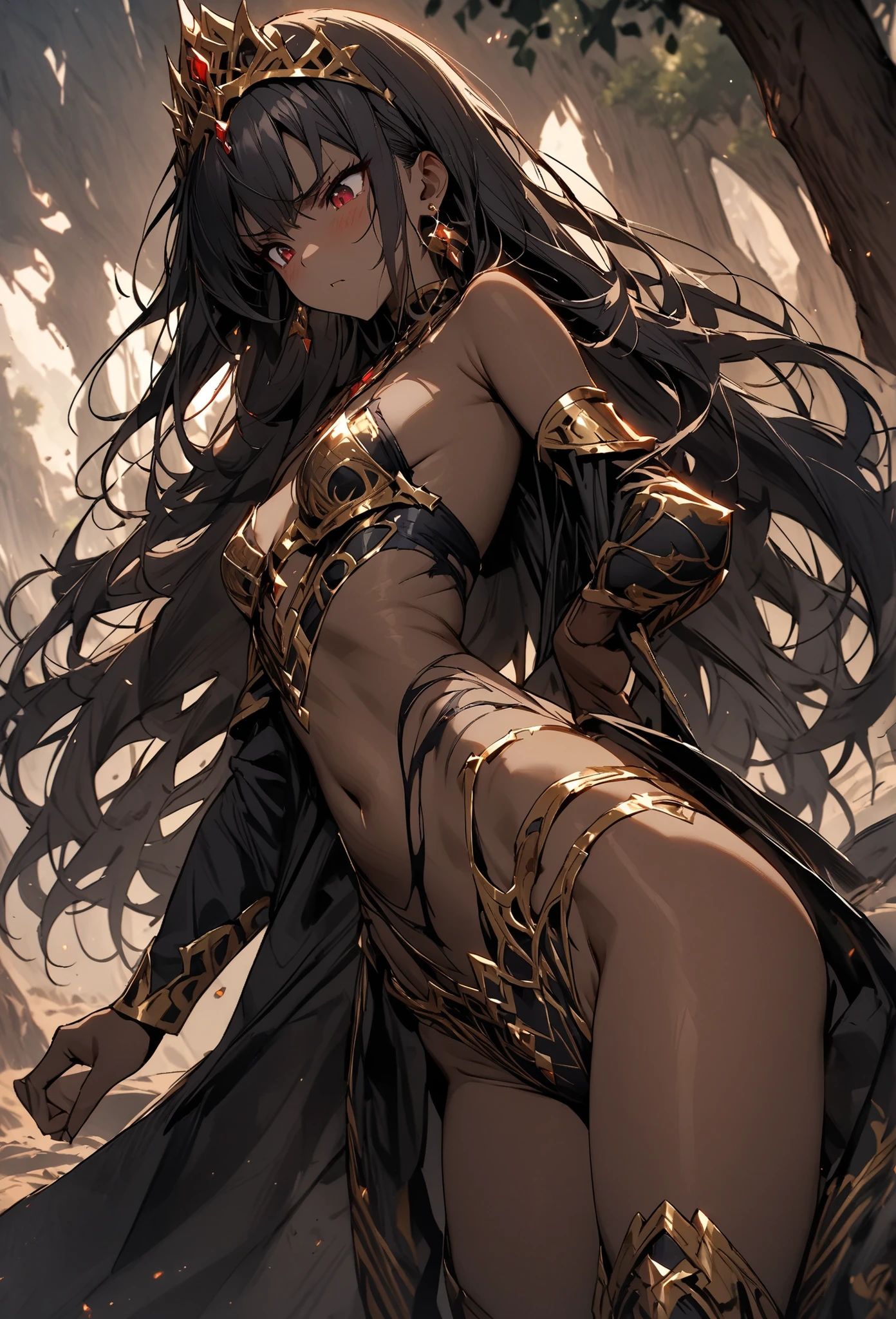 Tanned young man with an athletic build, no facial hair, Long-haired, curly, Dark brown hair down to the shoulder blades, Honey-colored eyes. Dressed in Arabic dance clothes with gold jewelry. Standing on a sandy shore near the sea. 