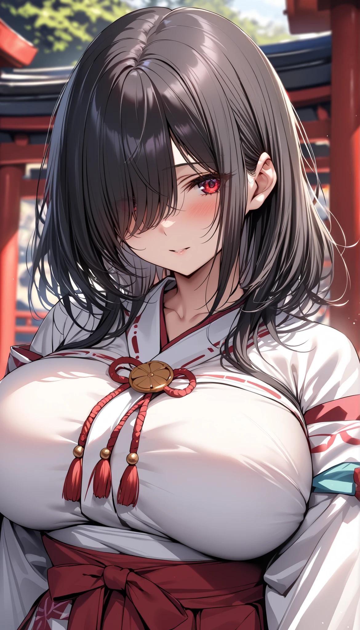 Anime illustration、highest quality、Shrine maiden、Shibuya Rin、Perfect proportions、Large-scale shrine、Large Torii Gate、Overwhelmingly large breasts、very thick thighs、Beautiful, shining eyes、Cowboy Shot、smile、Noise Reduction