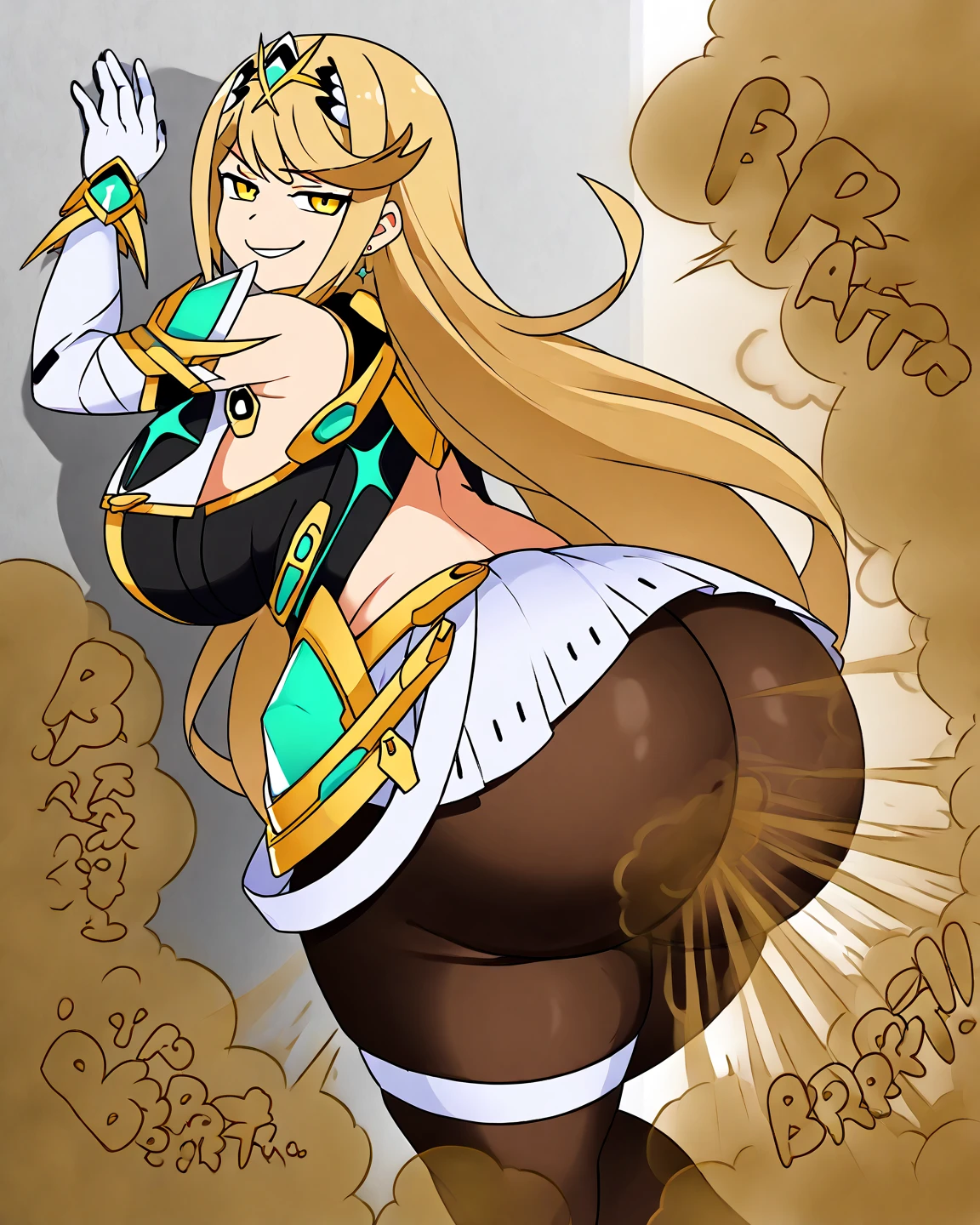Crie uma deusa, coroa divina sentada em um trono real num palacio divino super sexy com calcinha pequena e com peitos grandes, aura divinida, blonde hair, yellow eyes divinos, grin, estilo 2D, Disney