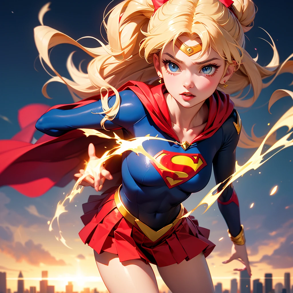 The character Supergirl, perfect blue and red costume with the traditional "S" in the chest, red cape, shiny little blue eyes, extremely beautiful blond hair, beautiful smile , perfect anatomy and extremely beautiful face, hyperrealistic face