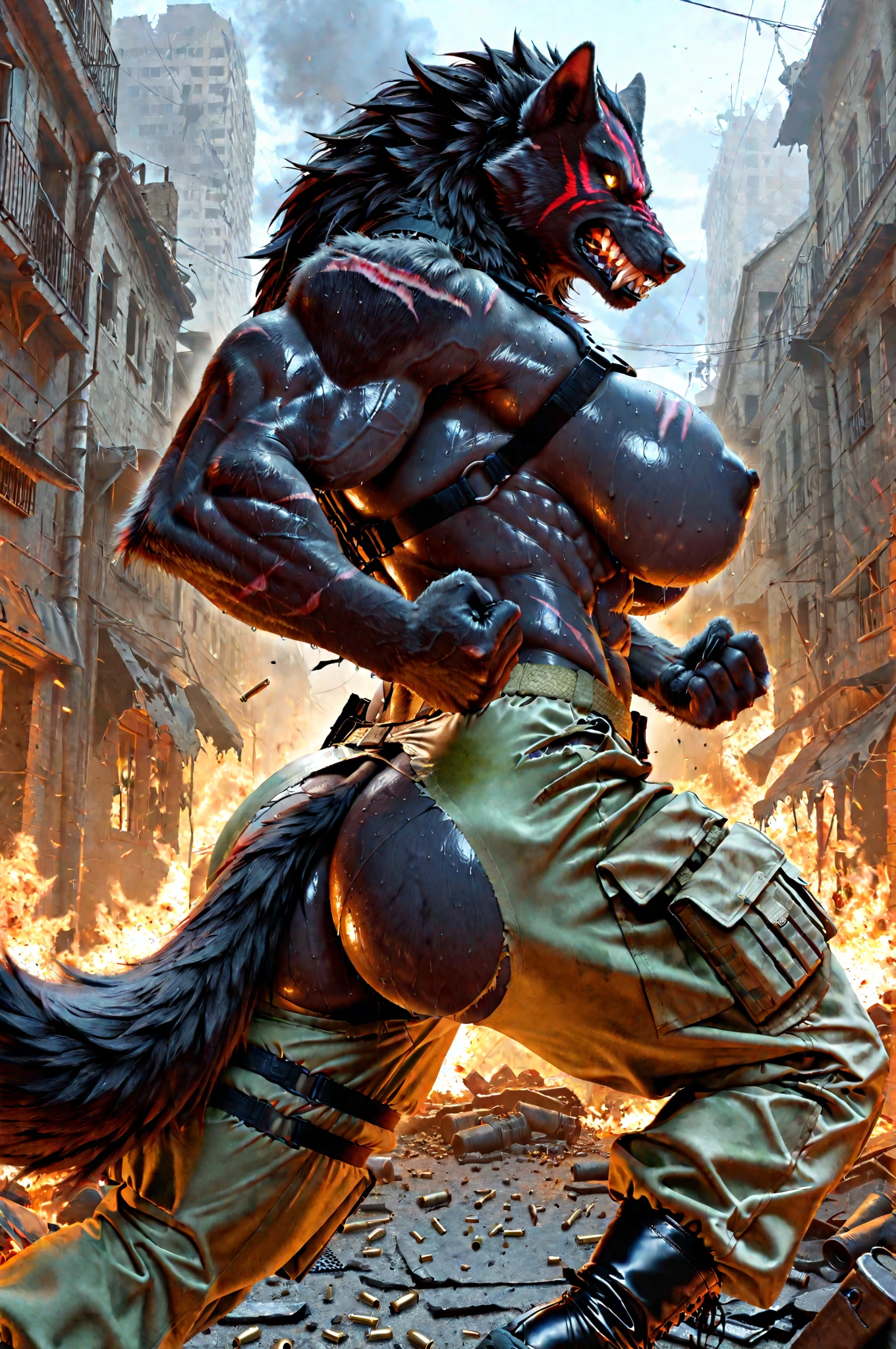 animal、The whole body of an abnormally thin black panther、A bulging lower abdomen、A swollen belly like a pregnant woman、Boyish physique、Wild male black panther、A body with very little abdominal muscle、Black Ass、black body hair all over、Angry black panther expression、Very thin body、Hairless head、Golden anime eyes、Very long black pubic hair、Very long and profuse armpit hair、tongue、Sharp Fangs、Black Panther Tail、Rubble background、Ruined Background、Black Panther Claws、Sharp Claws、A composition that captures the whole body、Pose of someone falling down in the slums、A pose of someone collapsed in a limp state、Lying on the ground、Brown loincloth、A loincloth with a large bulge in the ??????