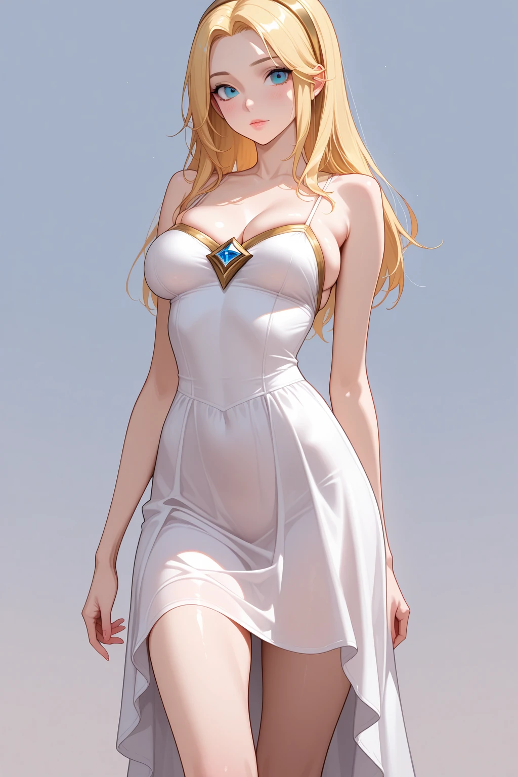 Photography. 1 woman. slim. small breasts. blond long hair. white dress, standing, straight posture. natural skin. beautiful eyes. highly detailed.