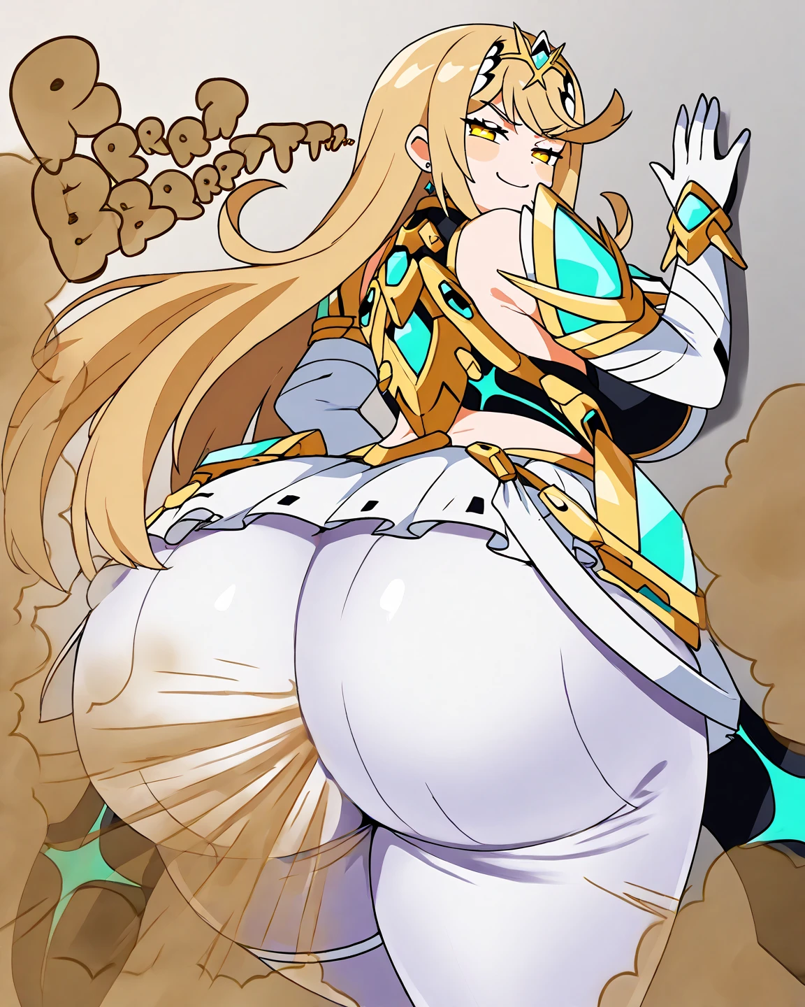 (lying, on side, ass focus), one hand grabbing breasts, other hand grabbing ass, tent, sarielx, god rays, gold armor, underboob, gold skirt, gold boots, (beautiful lake night background), anime cels style, best quality, high resolution, 1girl, (huge breasts:1.2), beautiful face, cowboy shot, heterochromia, braided ponytail, braided bangs, smiling, looking at viewer