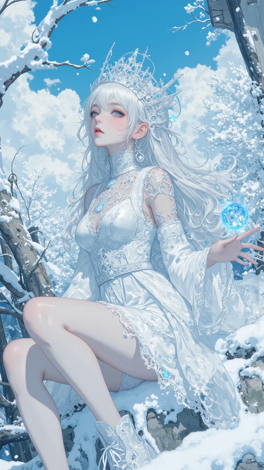 wood, Exquisite mini ice spikes and crystals, A frozen waterfall in the background, Light reflected by ice crystals, Flowing snowflakes.Beautiful woman sitting on a luxurious throne、Gray Hair,2.5D illustration,Beautiful cleavage、Crossing your legs