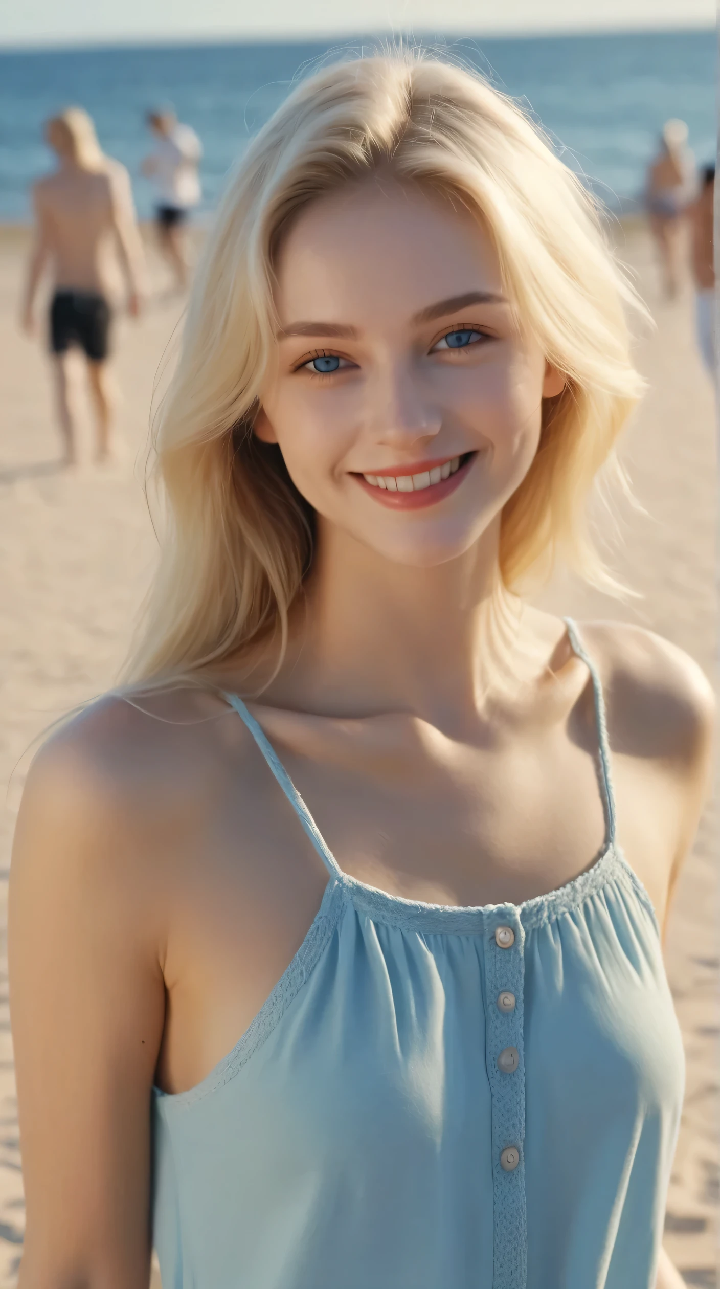 A beautiful blonde girl with blue eyes is smiling at you on the sandy beach.,realistic,4K