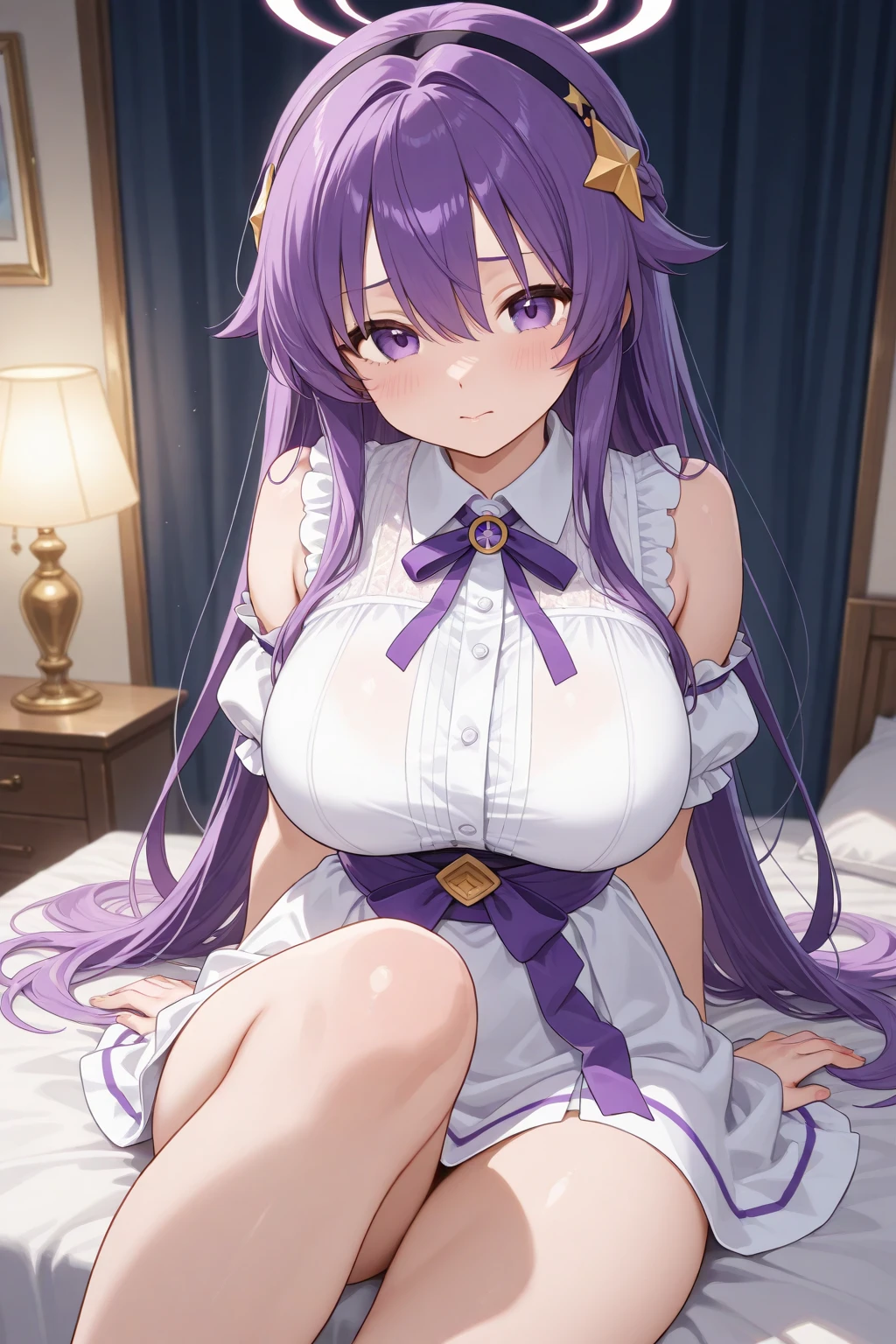 quinella, quinella, absurdly long hair, (purple eyes:1.1), long hair, parted bangs, purple hair, very long hair, hair ornament,medium breast,
BREAK black bowtie, white shirt, sleeveless, off shoulder, grey cardigan, open clothes, sleeves past wrists, black skirt, suspender skirt, thigh strap,
BREAK indoors, bed,
BREAK looking at viewer, (cowboy shot:1.5),crossed arms, (angry), pov, 
BREAK (masterpiece:1.2), best quality, high resolution,NSW ,unity 8k wallpaper, (illustration:0.8), (beautiful detailed eyes:1.6), extremely detailed face, perfect lighting, extremely detailed CG, (perfect hands, perfect ???????), image size 16:9