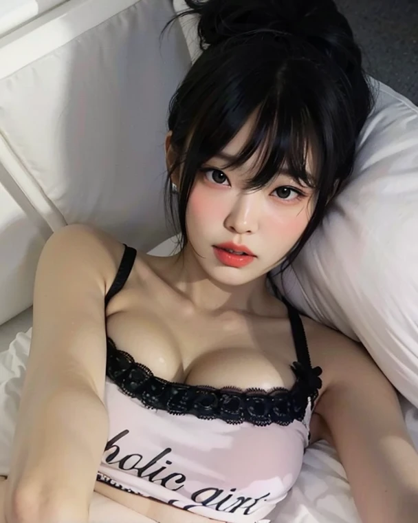 16k, ultra-detailed, realistic, high quality, There is a woman lying on the bed with a remote control, 18 years old, posing on the bed, sexy, In my bed, posing sexy, young, Head: 1.3 , (Korean K-pop idol), Thin skin, sharp focus, brightened skin, realistic shading (cinema lighting), collarbone, Morning, soft light, dynamic angle, [:(face detail:1.2):0.2], wrinkles underarms, tight slit, realistic textures, slim, mid-chest, cleavage, hot hips, realistic thighs, hot legs, full body, multiple sexy positions at different angles, bedroom eyes, laying back On the bed, Alegria Red velvet  