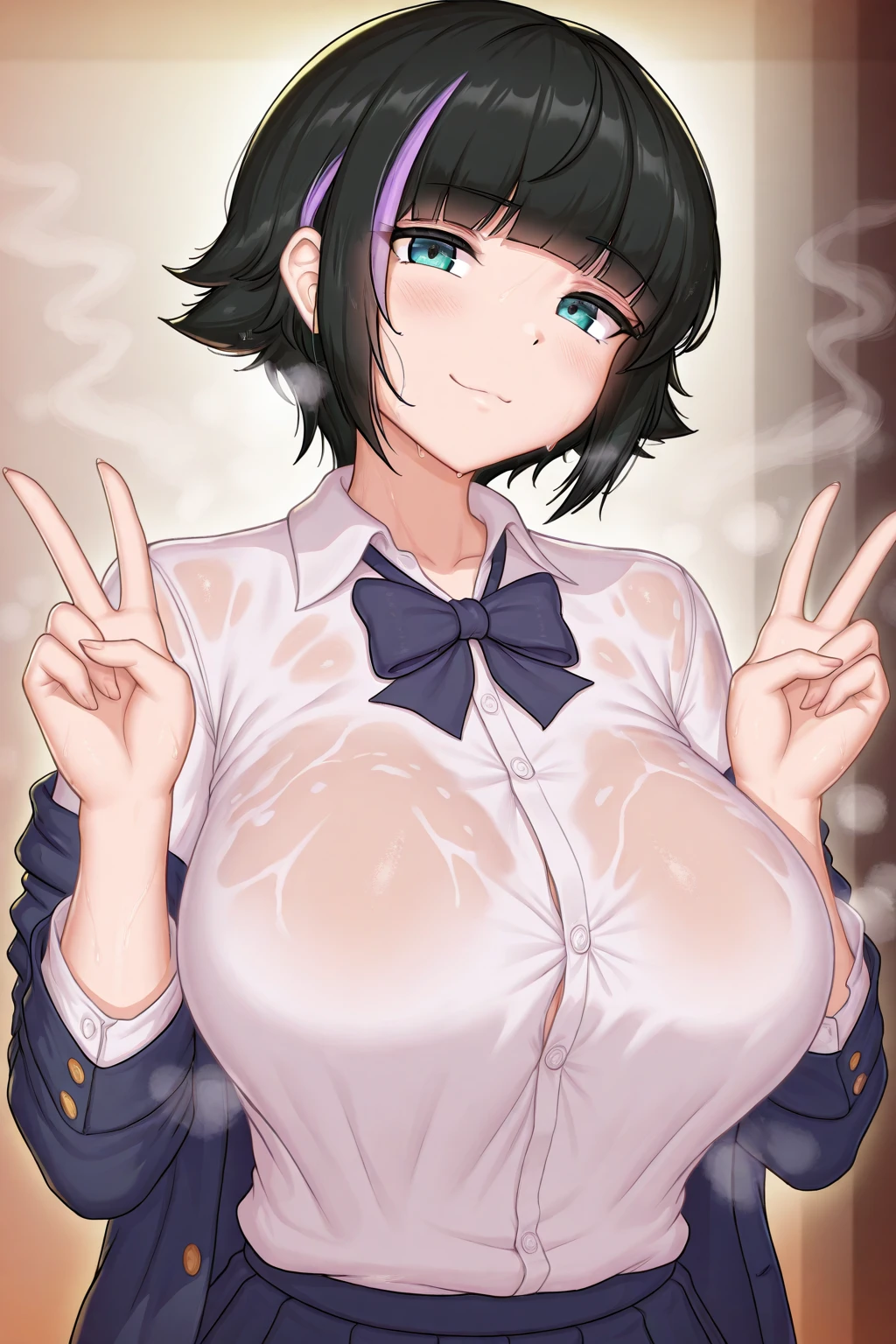<lora:okina-20:1>blush, cum, facial, ejaculation, one eye closed, :D, masterpiece, best quality, <lora:zuri-20:1>1boy, 1girl, penis, huge breasts, paizuri