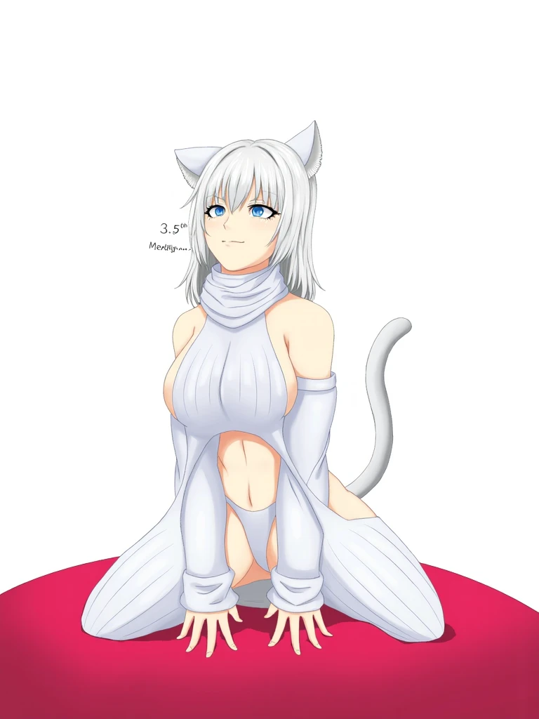 A furry wolf girl, White fur, Short hair, Wolf's ears., Wolf's nose, Blue eyes, Kneel., Lifelike, C-cup breasts, Fitness shorts, Bikini top, Dog collar, Lower chest, (Splash, Spillover, Milk (on the body))), Sweating a lot, Wolf's tail, Indoor, Garage, Very detailed fur, Furry art, Symmetrical legs, Full-body photo, High detai