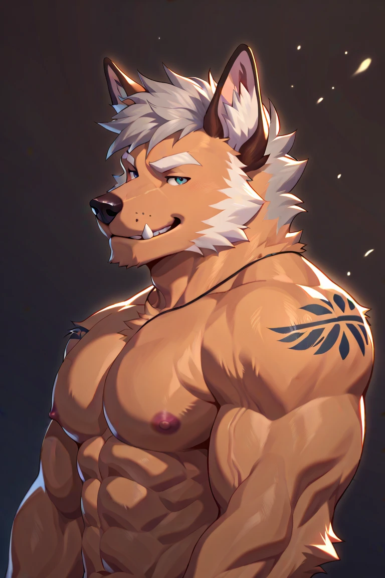 Very toned muscular werewolf. Completely ????? naked. Covering the crotch