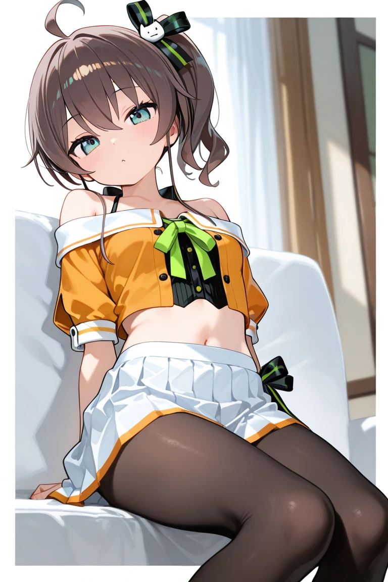 (((Horse Girl))), (((Fine Motion))), Thighs, sitting on a luxurious red sofa, (((Panties are slightly visible))), smile, Dress like a young lady, (((Sexy panties with green embroidery))), High resolution, Knees up,