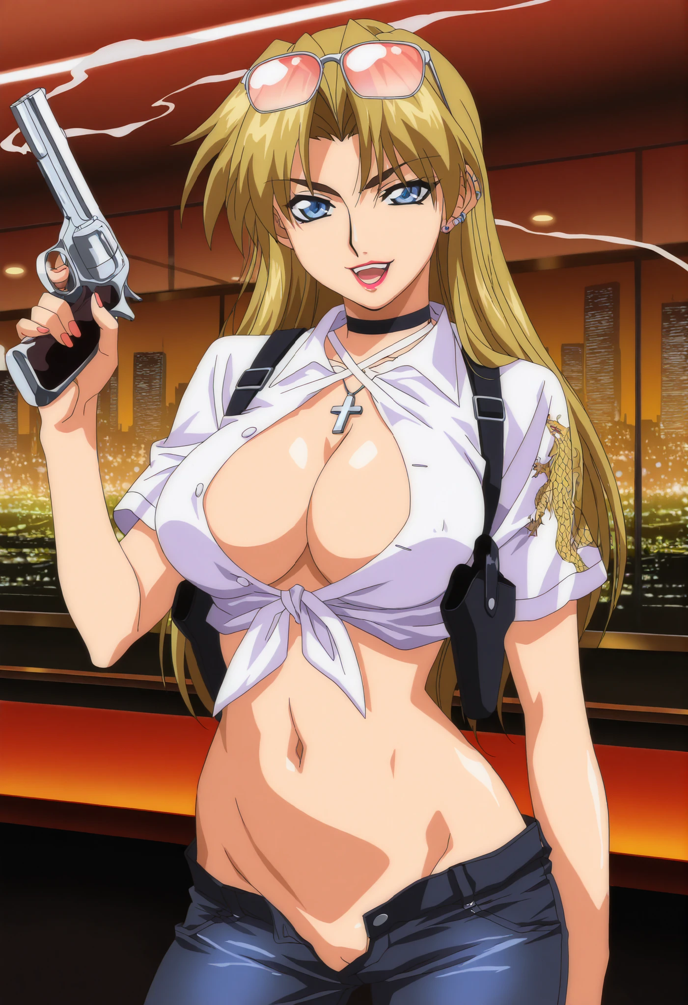 masterpiece,best quality,amazing quality,very aesthetic,high resolution,ultra-detailed,absurdres,newest, Obari Masami style, anime screencap, anime screenshot,  2000s (style),  Shaia, blonde, 1girl, , blue eyes, sunglasses on head,  ear piercing, long hair, , lipstick,Hot girl, baddie, smoking, sensual, attractive cross necklace, choker, bar background, inside bar,indoors, cityscape, casino, nightclub, city lights,pull_down jeans(show off panties,:1.2, no panties),masterpiece,high
quality,4k,belly,,holding pistol,cleavage, tied shirt,,unbuttoned shirt, collared shirt, knot,
smile, open mouth, (nsfw) not safe for work, evil expression,belly, exposed navel, exposed
midriff, exposed lower belly,dragon print jacket, unbuttoned jeans , low rise black jeans,
Low rise jeans with open fly, , criss-cross halter with center opening, shoulder holster,, medium large breast ,, looking at viewer , dragon tattoo on waist, narrowed eyes, tattoo on waist, anipai_style , anime screencap , anime coloring, v-shape eyebrows,