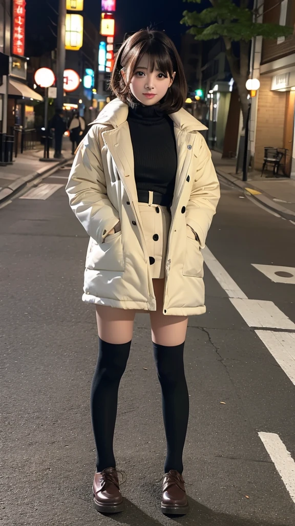 {ulzzang-6500:1.0},photo,1girl, solo, a beautiful goddess, korean idol, japanese idol, {black patent leather thigh boots:4.0}, posing,{pantyhose:2.0}, in tokyo street, sunset, Full body shot,best quality, ultra high res, {photorealistic:1.4}, Kpop idol, platinum blonde short cut hair, winter baseball coat, standing,
