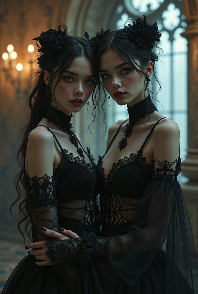 cover featuring an elegant and powerful vampire with long black hair and glowing red eyes. Her skin is pale and flawless, and she wears a gothic, sophisticated dress in dark colors, with subtle details in silver or red. Next to her, include another girl with an intrigued or frightened expression, with hair and clothing that contrast with the vampire's, possibly in lighter tones or a more modern style. The background should be a dark and mysterious setting, such as an ancient castle or mansion, with soft lighting that highlights the figures. The book title should be prominently displayed on the cover, complementing the image and reflecting the atmosphere of the story.