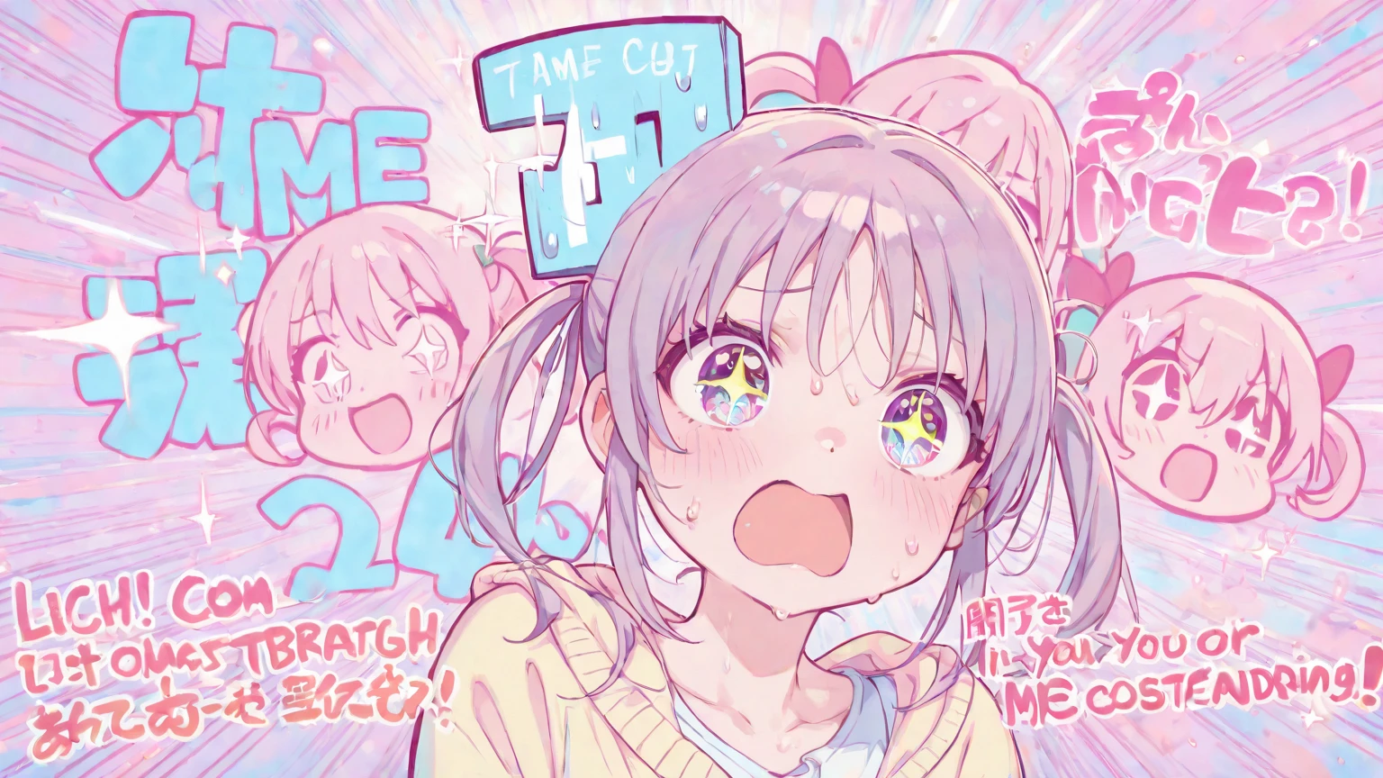 blush, cleavage,red fingerless gloves,glowing aura, natural light, masterpiece,  glossy skin, juicy lips ,long hair, cute, kawaii, adorable, reaching up, adult, cuddle, kawaii clothes,random hair style, random clothes, black hair, (((pink streaks in hair))), yellow eyes,