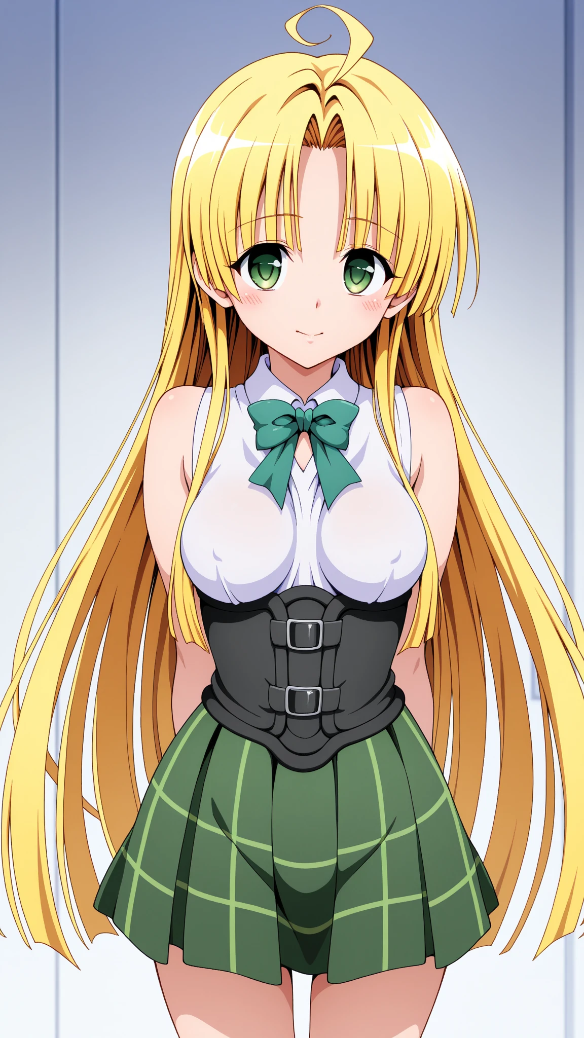 masterpiece, highest quality, High resolution, Ayami, Very long hair, Both sides up, hair ornaments, , Green bow tie, Checked skirt, Green Skirt, Cowboy Shot, smile, 、Inside the room、Pink nipples、Pussy、Hands Behind Back、Spread your legs、whole body、Sexy pose、belly button、Upper body naked