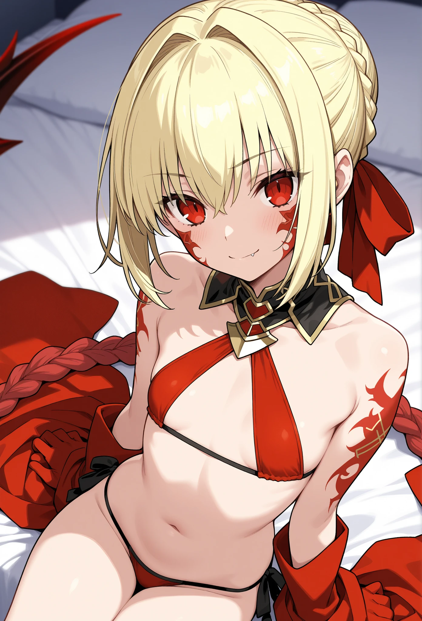 {{Masterpiece}},{Write in detail and neatly},Official Art,Beautiful adult woman,{Fate Jeanne d&#39;Arc},Blonde with one braid,Large breasts,{{Full nudity:2.0}},{{Erotic temptation:10.0}},{Showing vagina up close:2.0},Sexy and embarrassing,Sit with your legs apart,Sexy pose,bed
