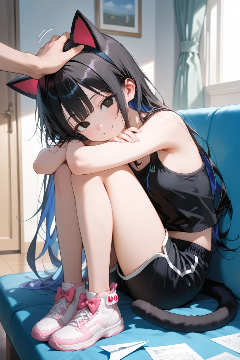 Cat ear girl,Twin tails,Purple Hair,Yandere,Cat T shirt,panties,Lora:1.3,masterpiece,perfection,Super detailed,best quality,super fine illustration,8k,dynamic scene,perfectionな手,perfectionな足,Upper Body,indoor,Geek Room,night,Beautiful Moon,beautiful background,Cat Pose