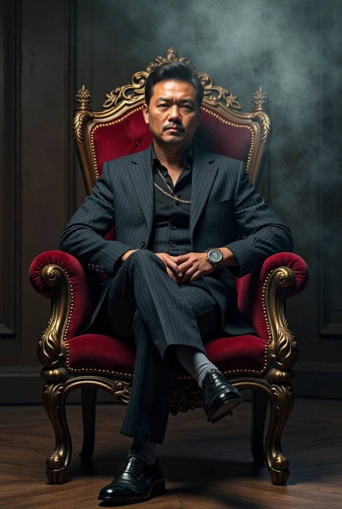 photorealistic of a malay man in torn dark blue office outfit seat in a throne while smoking big cigar, dark mood, dark forest, big red owl behind him, dark smoke below, creepy atmosphere, Prores lense, Low angle shot, blue color grading, cinemascope, natural light, Dynamic shadows, horror film, high quality, ultra detail, 8k, Panavision DXL2 camera,