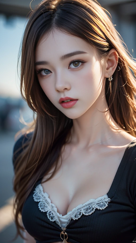 （best qualtiy，tmasterpiece，超高分辨率），（realisticlying：1.4），1girll，adult face，slim，（shiny skins），（contours，frontage，eventide），whaite hair，long whitr hair，黑The eye，（big cleavage breasts），Top fashion，（（White plush coat）），（nevando：1.5，pedestrian street，The city in winter），(Clear eyes，(Clear nose，(Clear lips))，(Ultra-realistic plush maps)，