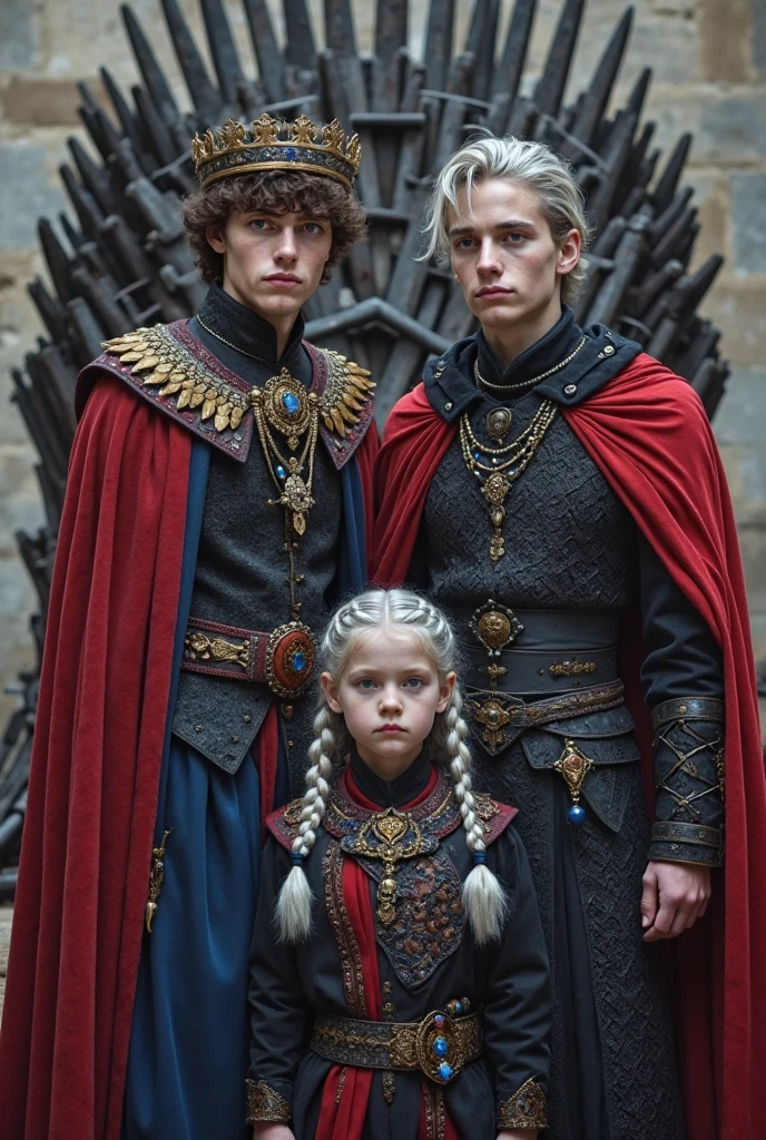 Man with violet eye and his wife with targaryen features , and a baby, with black and red clothes