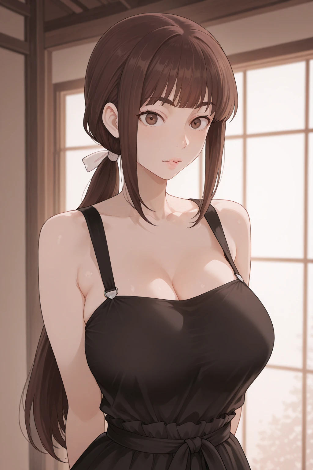 Top quality, 8k, 32k, Masterpiece, photorealistic, realistic, (photorealistic:1,4), solo, slight smile, dramatic lighting, professional makeup, breasts, (natural big breasts: 1.7), (seductive), Sexy, beautiful white face shining, beautiful face, pink cheeks, beautiful lips, porcelain skin, detail intricate, super detailed, super high, highest detailed, high detailed, delicate, incredible detailed, fine detailed, cinematic lighting, top quality, smooth and beautiful, CG, unity, 8k wallpaper, Stunning, fine detail, unity CG wallpaper 8k ultra-detailed, large file size, ultra-detailed, high resolution, incredible detail, stunning detail, depth of field, pink iris, black hair, (hair over one eye:1.4), Messy hair,hair between eyes, bangs hair, red cloth Headband , cute shy blush on