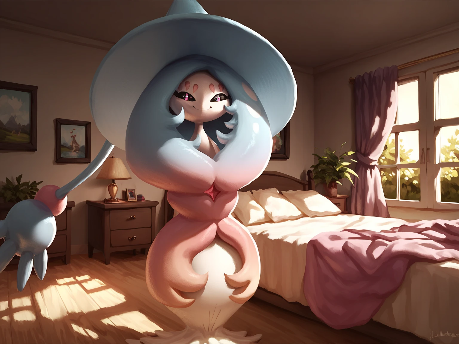 A ufo descend upon a house at night, its tentacles are pulling up a buxom woman with a big butt dressed in a blue night gown, use soft color tones