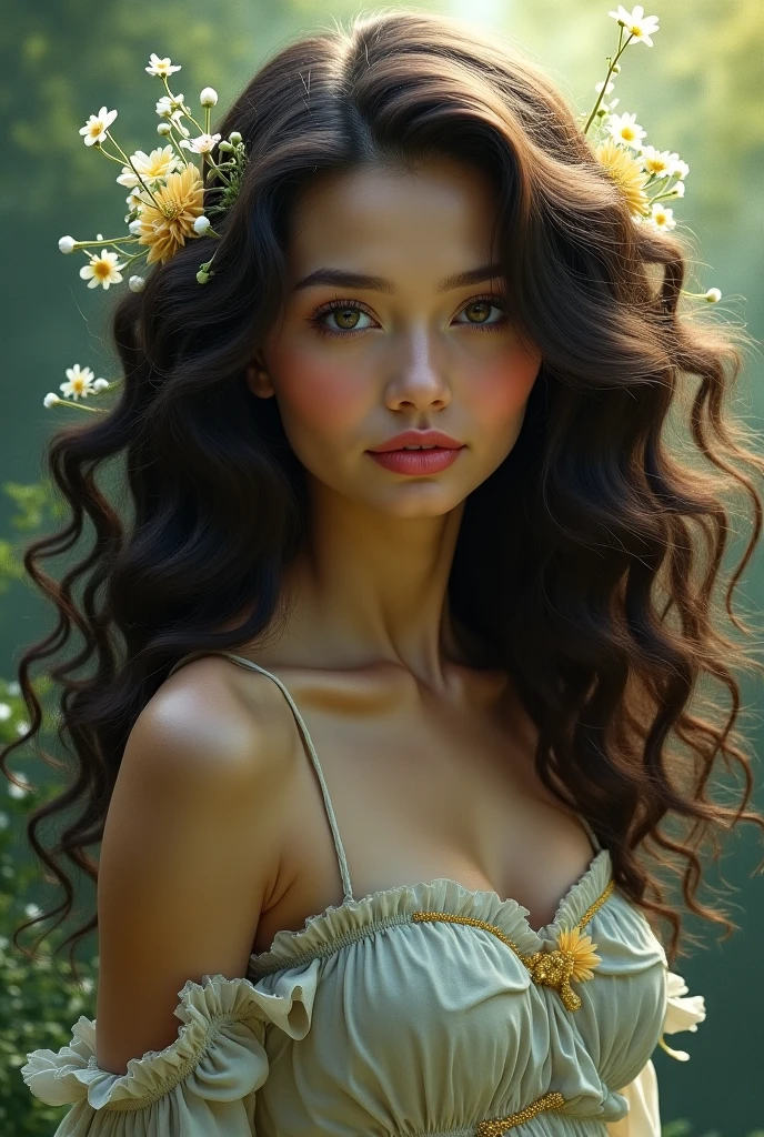 A photo of a confident woman with piercing brown eyes and a determined expression. Her long, flowing ebony locks are adorned with delicate wildflowers. She wears an elegant bohemian-inspired blouse with intricate lace details. The setting is a sun-kissed meadow, filled with tall grasses and blooming wildflowers. The soft golden sunlight bathes her, creating a warm and ethereal atmosphere. The camera angle focuses on her upper body, capturing her inner strength and connection with nature.
<lora:PortraitMasterV1:0.5> 22facelexia88 style