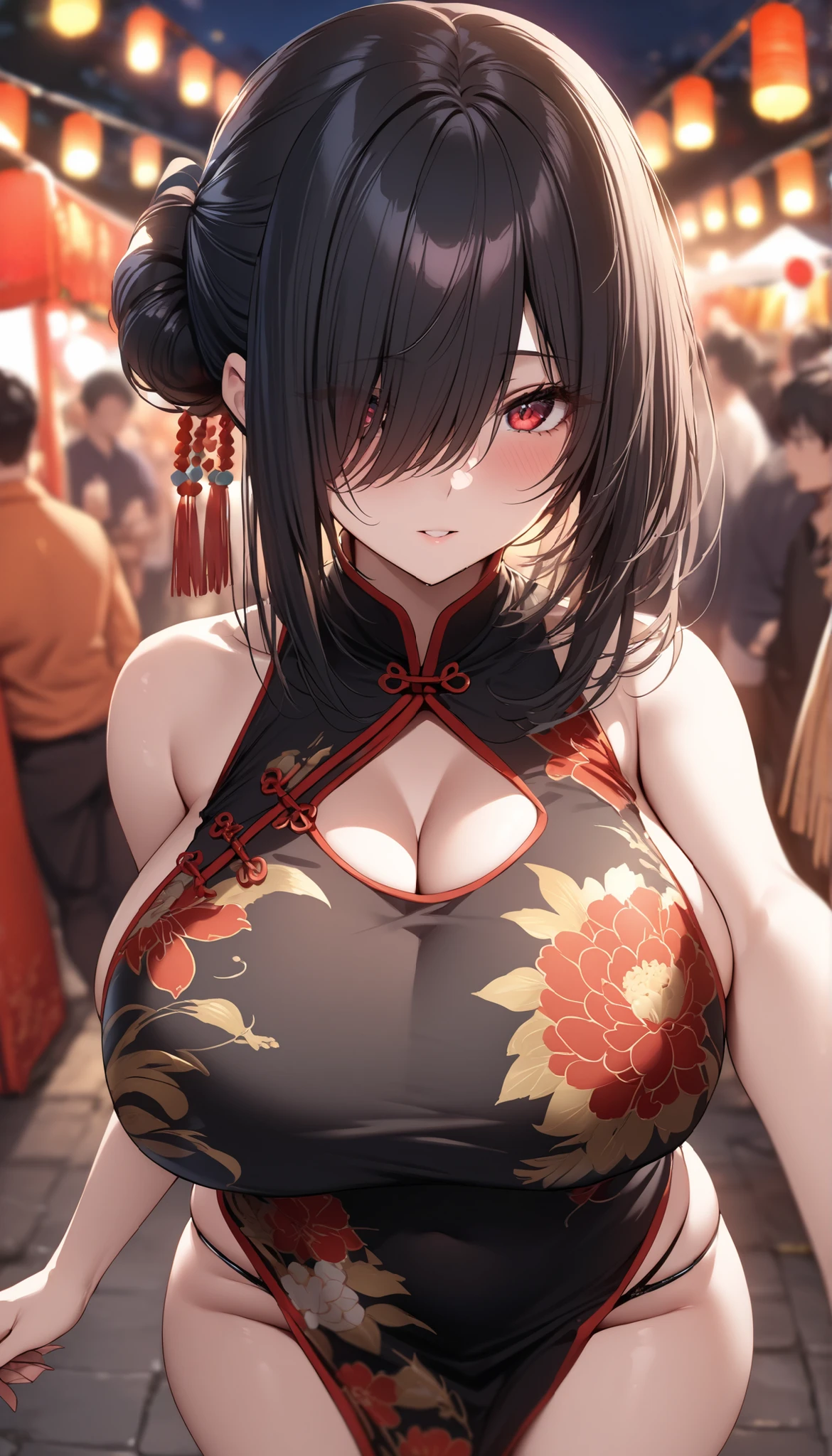 (masterpiece, 最high quality, 超High resolution, Very detailed), (Realistic:1.1, photoRealistic:1.4), Perfect illustration, Perfect lighting,Hair in perfect detail, Perfect and detailed face, Perfect collarbone, Perfect body,Juicy breasts, Perfect Thighs, Beautiful feet, View your viewers, 1 Girl,Perfect Face, (Perfect Anatomy, Anatomically correct), Symmetrical face、((Shiny Hair)),Sexy Body、(masterpiece),(最high quality:1.3),8k,Very clear,(Ultra-realistic),,Captivating woman,(high quality, High resolution, Fine details), Realisticなスタイルの女性,Juicy breasts、One perfect woman、Perfect Face、Symmetrical face、Baby Face、(Very large breasts)、blush、((Juicy lips))、Cowboy Shot、((Black hair with thin bangs tied up))、((Large, double-set black eyes、Long eyelashes))、((Red makeup))、(((China dress)))、(((赤黒金の花で見事で繊細なデザインのChina dress)))、((Wide Hips))、(Outdoor、On the streets of China)