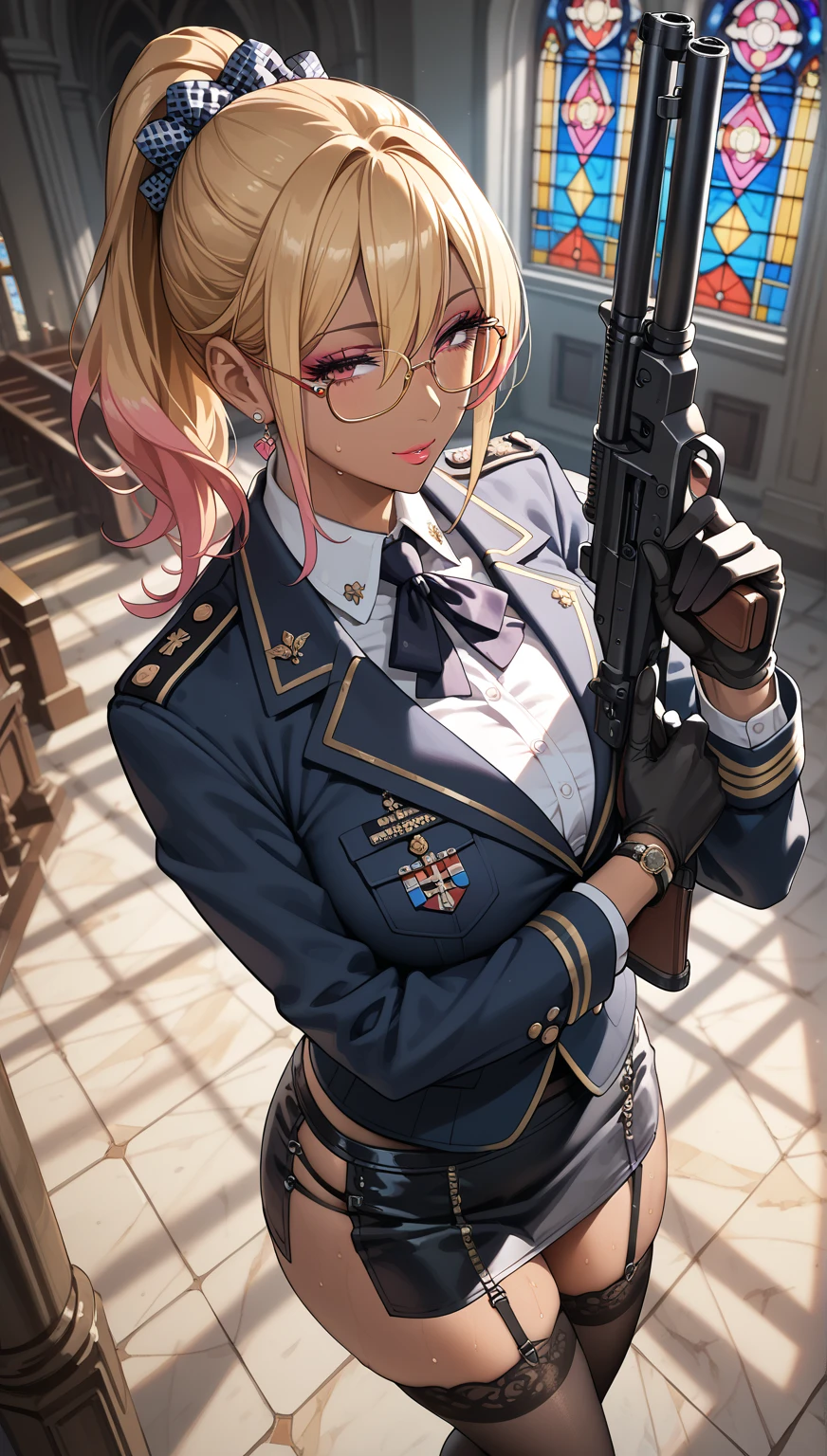 Top quality, masterpiece, super detailed, accurate depiction, highly detailed 8k wallpaper, beautiful mechanical schoolgirl, (close one eye, wink), thick lips, solo, green eyes, (white short-sleeved blouse: 1.3), (red plaid pleated mini skirt: 1.3), five perfect fingers, choker, (mechanical joints, mechanical arms, mechanical legs: 1.4), (exposed thighs), charm, (thin waist, huge chest, wide hips), short blond hair, classroom, desk, chair, blackboard,