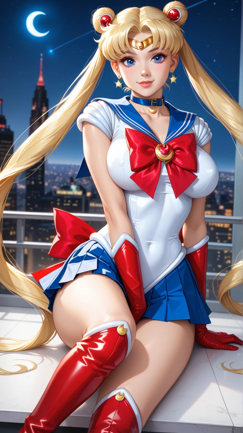 (masterpiece, best quality, ultra detailed, absurdness)1.5, 1girl, (sexy, beautiful woman, perfect face, perfect eyes, perfect female body, huge breasts)1.5, (usagi, double bun, twin tails, parted bangs, circlet, jewelry, earrings, choker, red bow, white gloves, elbow gloves, blue skirt, red boots with white trim, ), (standing on a rooftop, Japanese city in background, night sky, moonlit), perfect lighting, smooth, hud, alexis texas