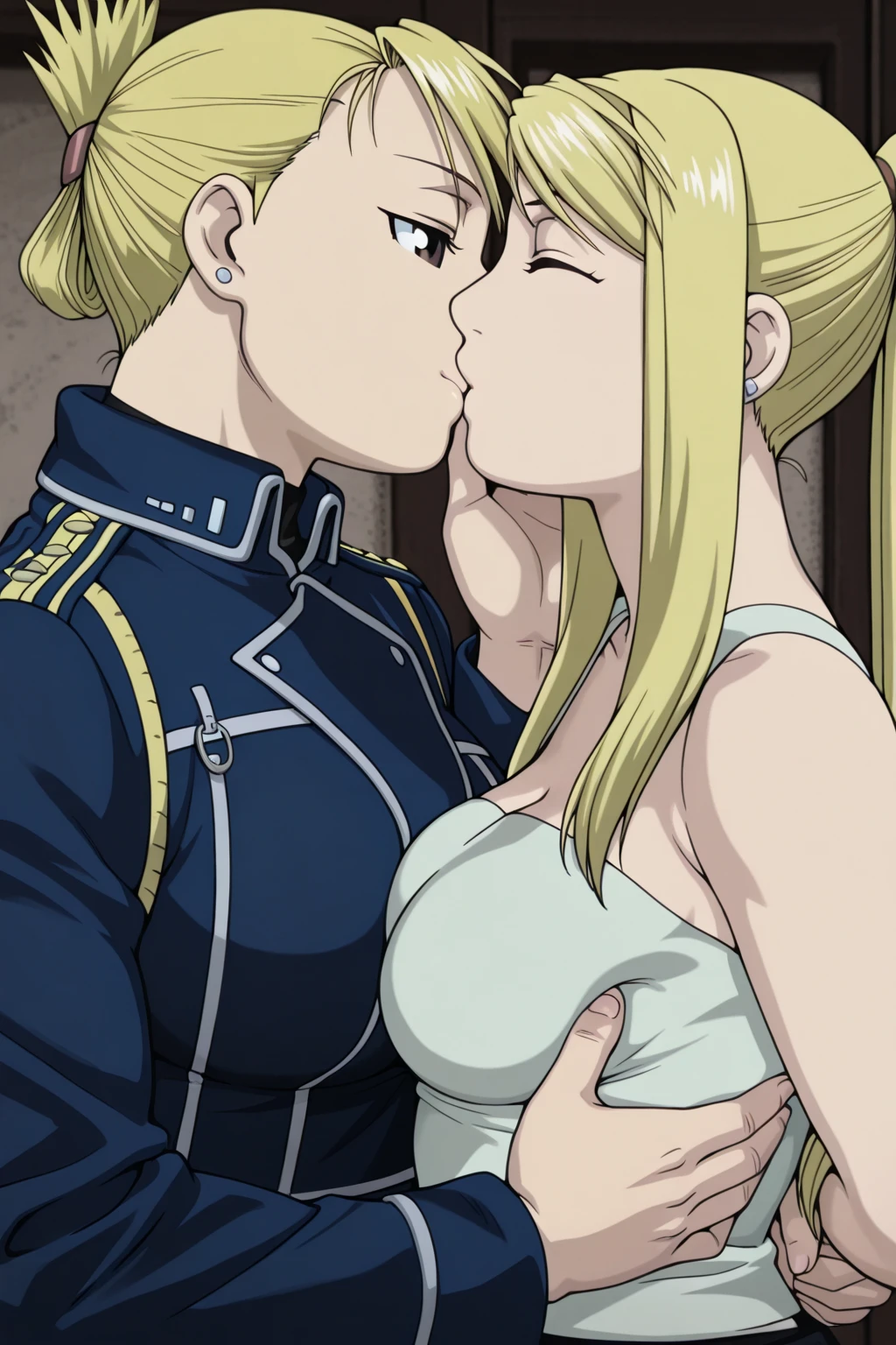 (Young clean  21 year old futanari with torn clothes),(Holding 1 girl  and talking in her ear),1girl with prancing , futanari picking up girl in lap, 1girl wearing mini white skirt, 40k, photography, masterpiece, best quality, dark gray background, (1girl blue eyes and blonde hair ,  body), big  full , (mini  swinging skirt round: 1.3), (white plunging : 1.3),futanari leaning against her  picking her up, grabbing her . sensual scene, ,