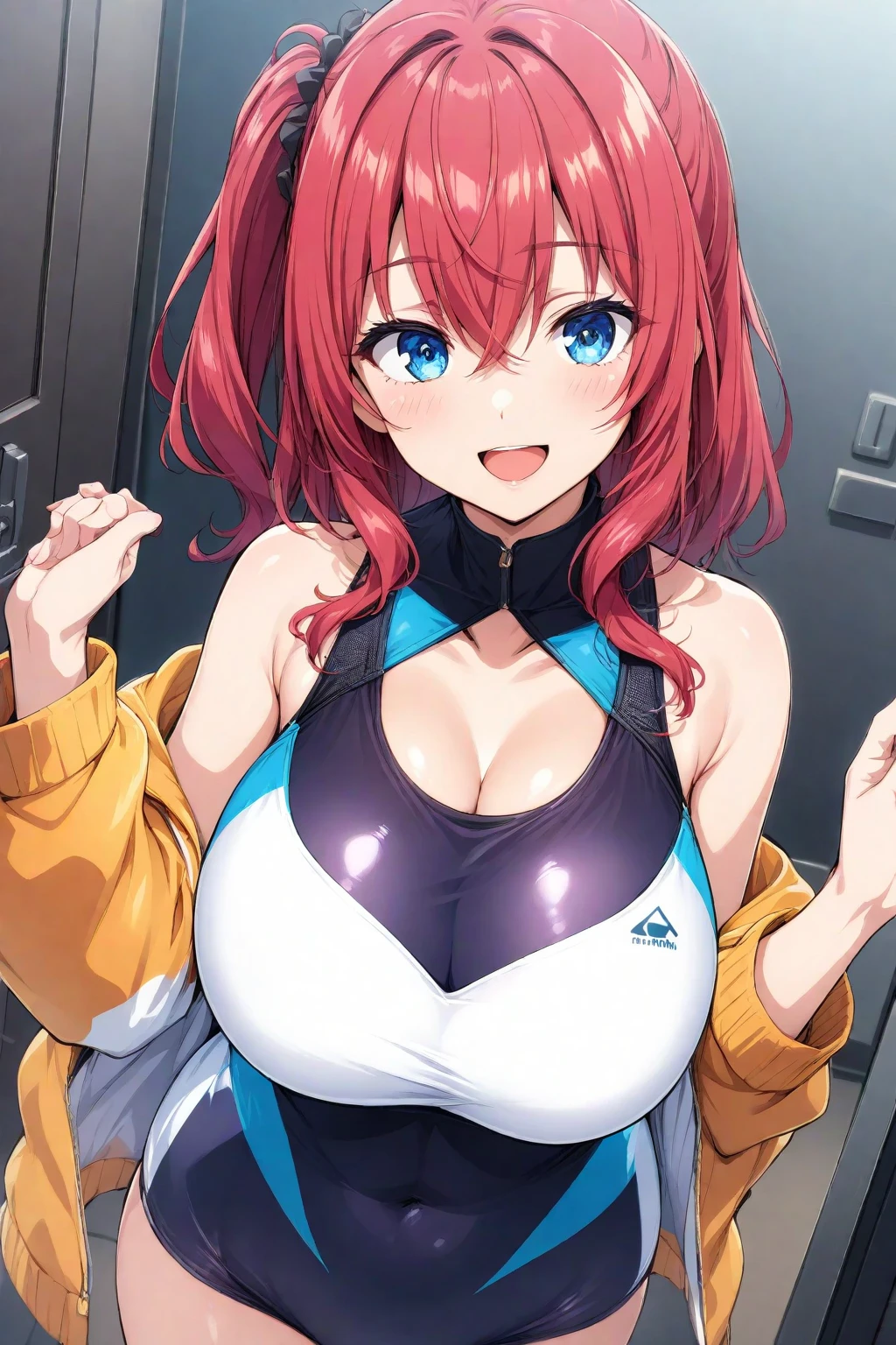 masterpiece,best quality,1girl,skyla,hair ornament,sidelocks,long hair,one side up,short hair with long locks,red hair,blue eyes,navel,midriff,crop top,gloves,blue gloves,shorts,blue shorts,short shorts,jacket,light dark skin,huge breasts,wide hips,thick thighs,(straddling,girl on top),smile,blush,indoors,ceiliing,((from below,POV)),<lora:Skyla:0.9>,<lora:PovFromBelowV1:0.7>,